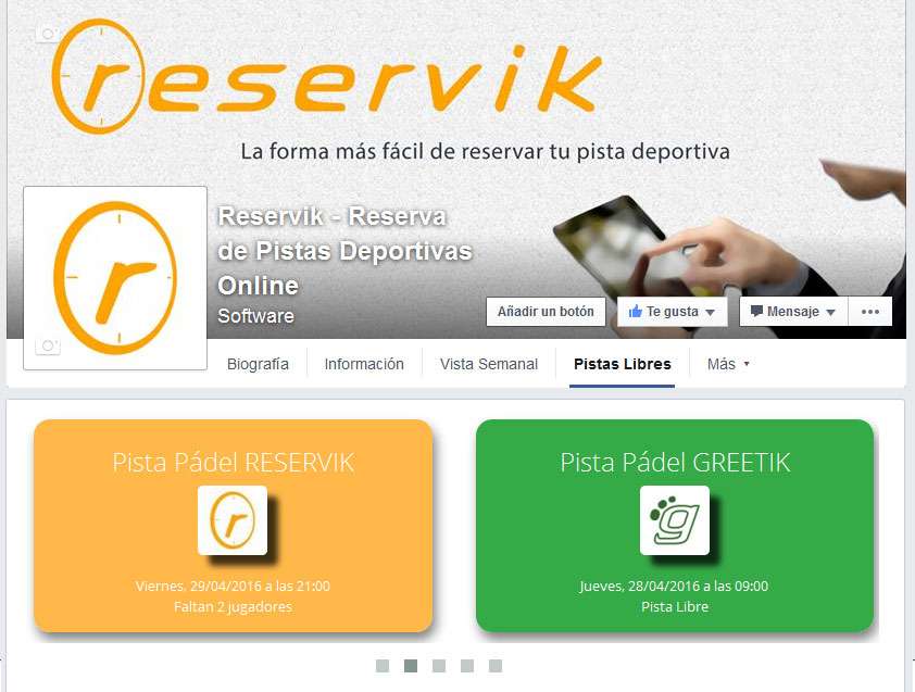 Integración del sistema de reservas de pistas reservik.com en Facebook