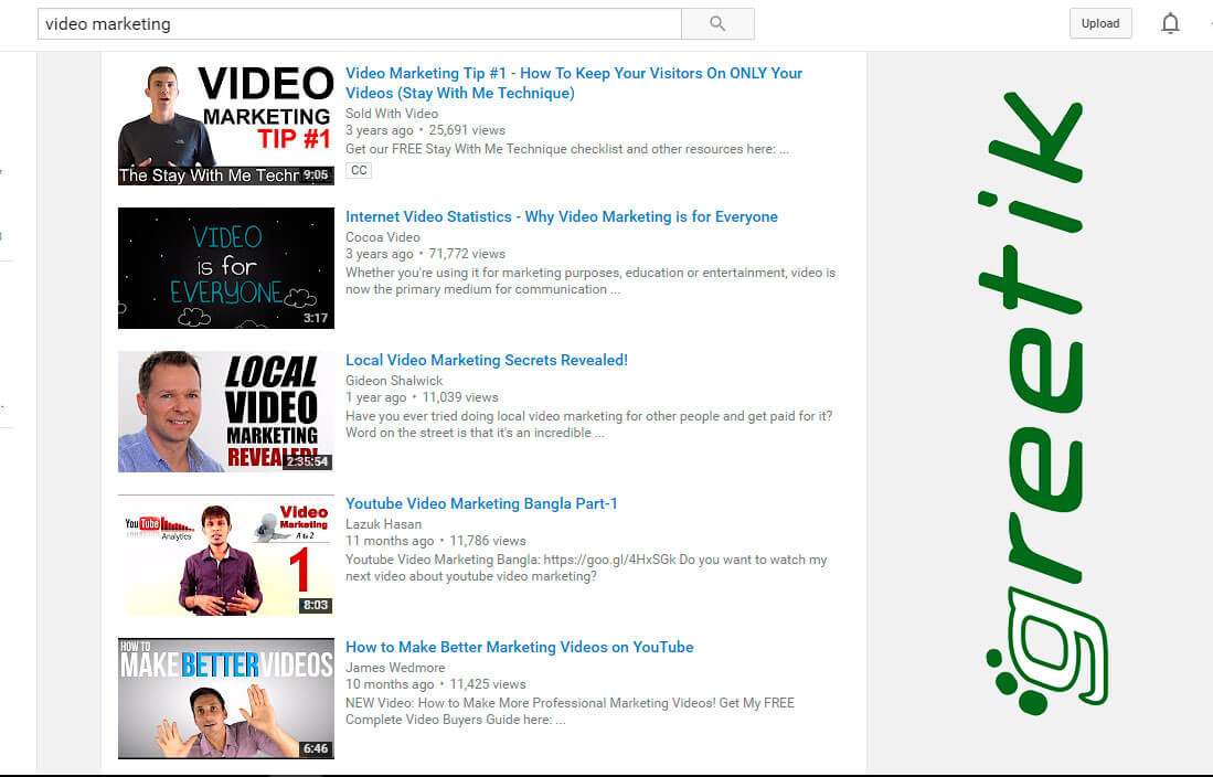 Búsqueda "Video marketing" en Youtube